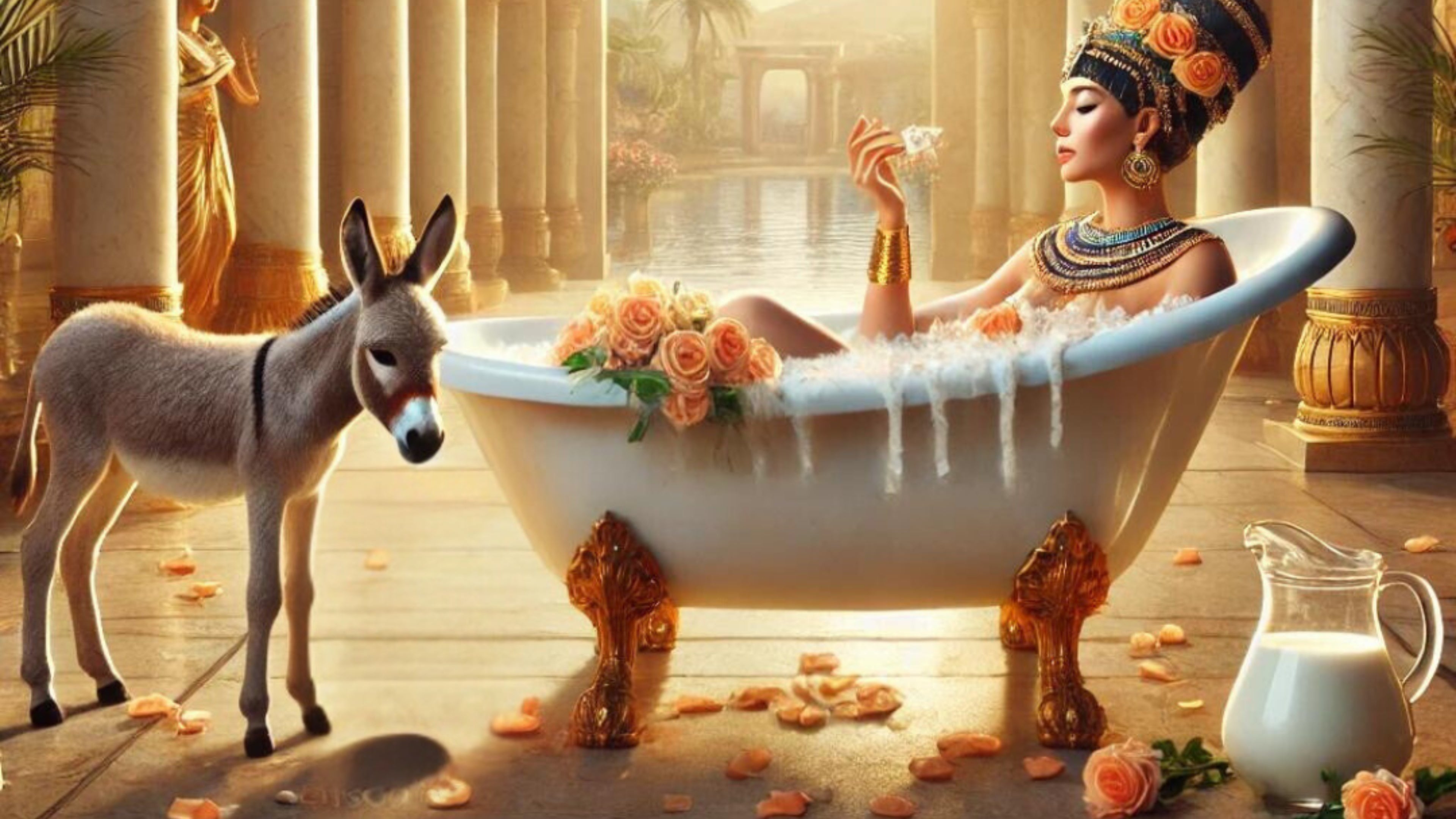 Queen Cleopatra enjoying a luxurious donkey milk bath with roses, symbolizing ancient beauty rituals and the skincare benefits of donkey milk.