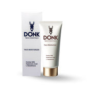 DONK Face Moisturizer with donkey milk, hyaluronic acid, and L-glutathione. Deeply hydrates, nourishes, and brightens skin for a healthy glow. Premium packaging featuring a sleek white tube with gold accents.