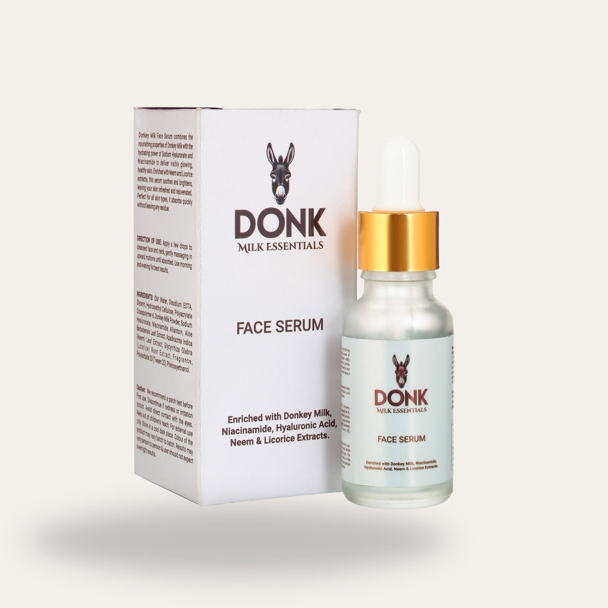 DONK Face Serum with donkey milk, niacinamide, hyaluronic acid, neem, and licorice extracts. Deeply hydrates, brightens, and nourishes skin for a radiant glow. Presented with sleek packaging and a gold dropper bottle.