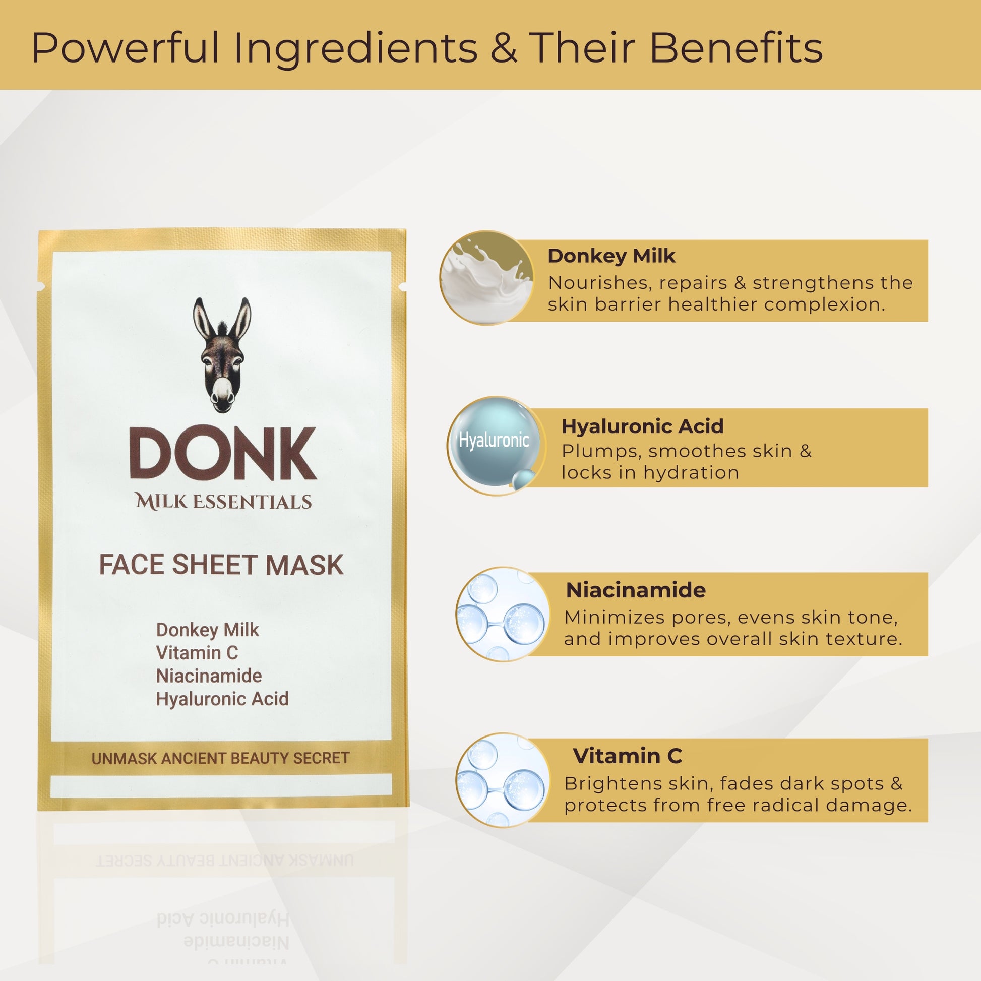 DONK Face Sheet Mask with powerful ingredients: donkey milk, hyaluronic acid, niacinamide, and vitamin C. Hydrates, repairs skin barrier, brightens complexion, minimizes pores, and locks in moisture. Ideal for radiant, nourished, and healthy skin.