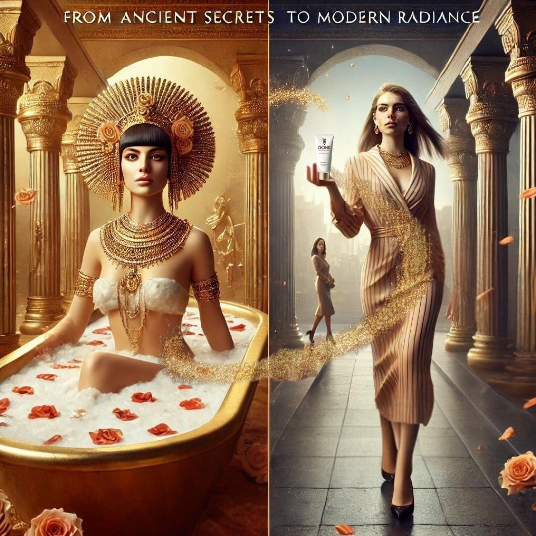 A visually striking beauty advertisement divided into two halves. On the left, an ancient queen, inspired by Cleopatra, sits elegantly in a luxurious golden bathtub filled with milk and rose petals, adorned with intricate gold jewelry and an elaborate headdress. On the right, a modern, confident woman in a stylish beige dress walks forward, holding a skincare product, with golden sparkles connecting both scenes. The background features grand, classical architecture, reinforcing the theme. The tagline reads: