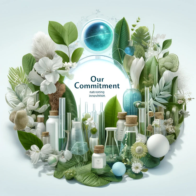 A visually appealing arrangement of natural elements and scientific glassware, symbolizing a blend of nature and innovation. The image features lush green leaves, white flowers, test tubes, beakers, and cork-sealed bottles, all surrounding a glowing futuristic sphere. The text "Our Commitment" is prominently displayed in the center, reinforcing a message of dedication to natural and scientific advancements in skincare.