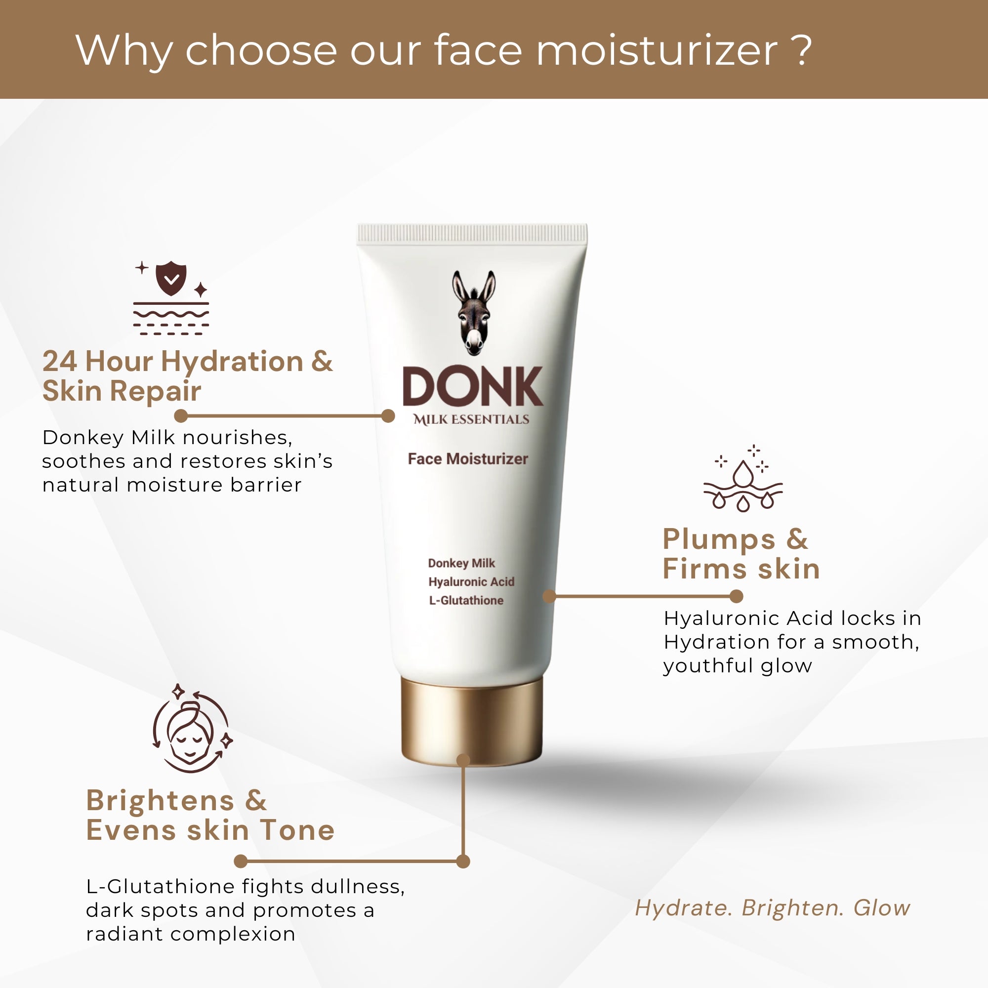 Why choose DONK Face Moisturizer? Infused with donkey milk, hyaluronic acid, and L-glutathione for 24-hour hydration, skin repair, and a youthful glow. Nourishes, brightens, evens skin tone, and locks in moisture for smooth, radiant skin.